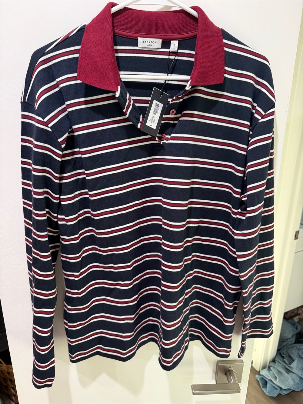 Babaton Navy & Burgundy Striped Long-Sleeve Polo